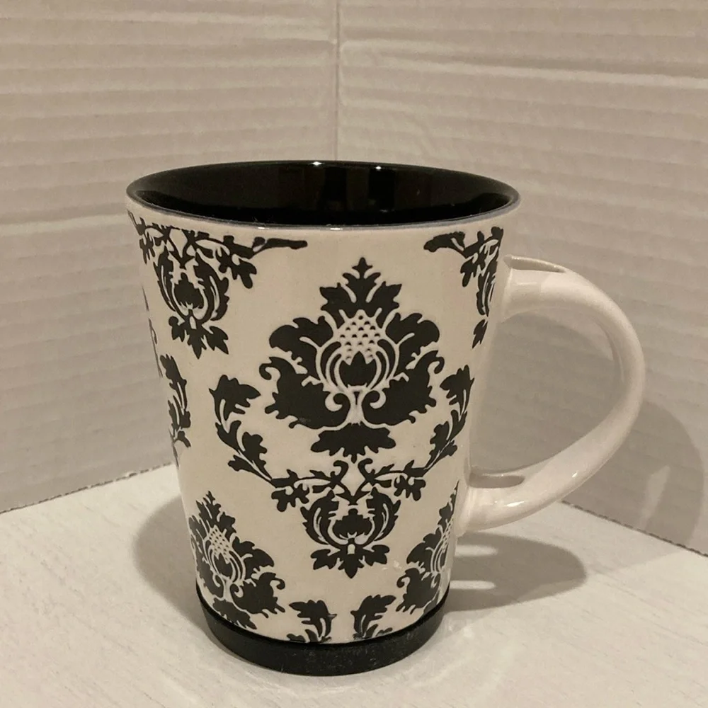 Pier 1 White and Black Damask Design Handpainted Stoneware Mug Cup